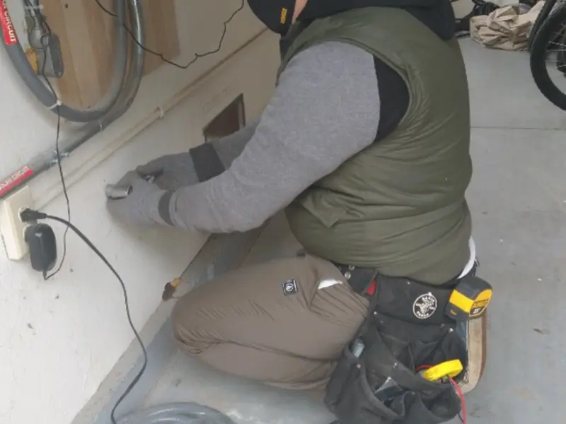Electrician performing outlet wiring in a Gainesville garage